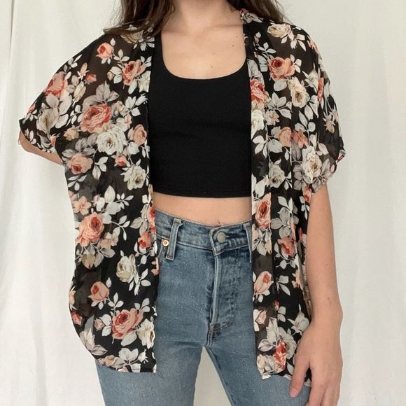 ooh la la Tops - Sheer Black Floral Open Front Kimono